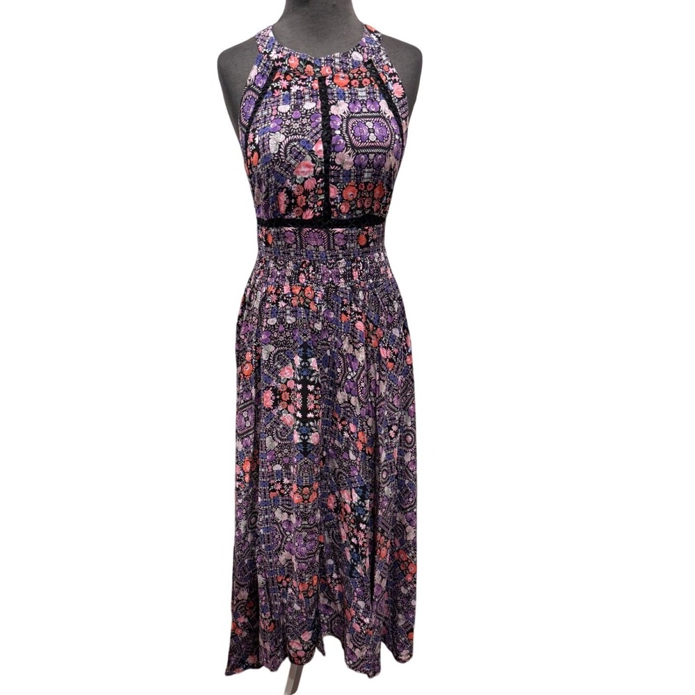 JAASE Floral Paisley Halter Maxi Dress Purple Pink Crochet Lace‎ Open Back Large